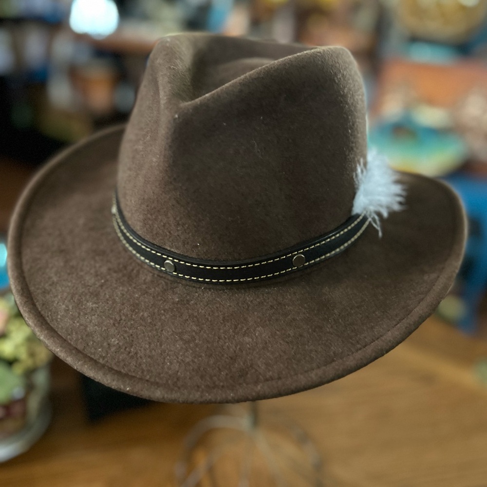 Vintage Brown Wool Cowboy Hat with Leather Band & Feather Accent - Picture 2 of 14